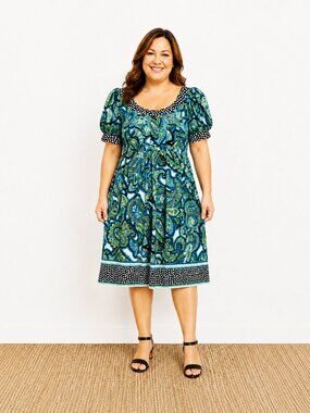 London Style Collection Blue & Green Paisley Dress, Short Puff Sleeves, Size 18W